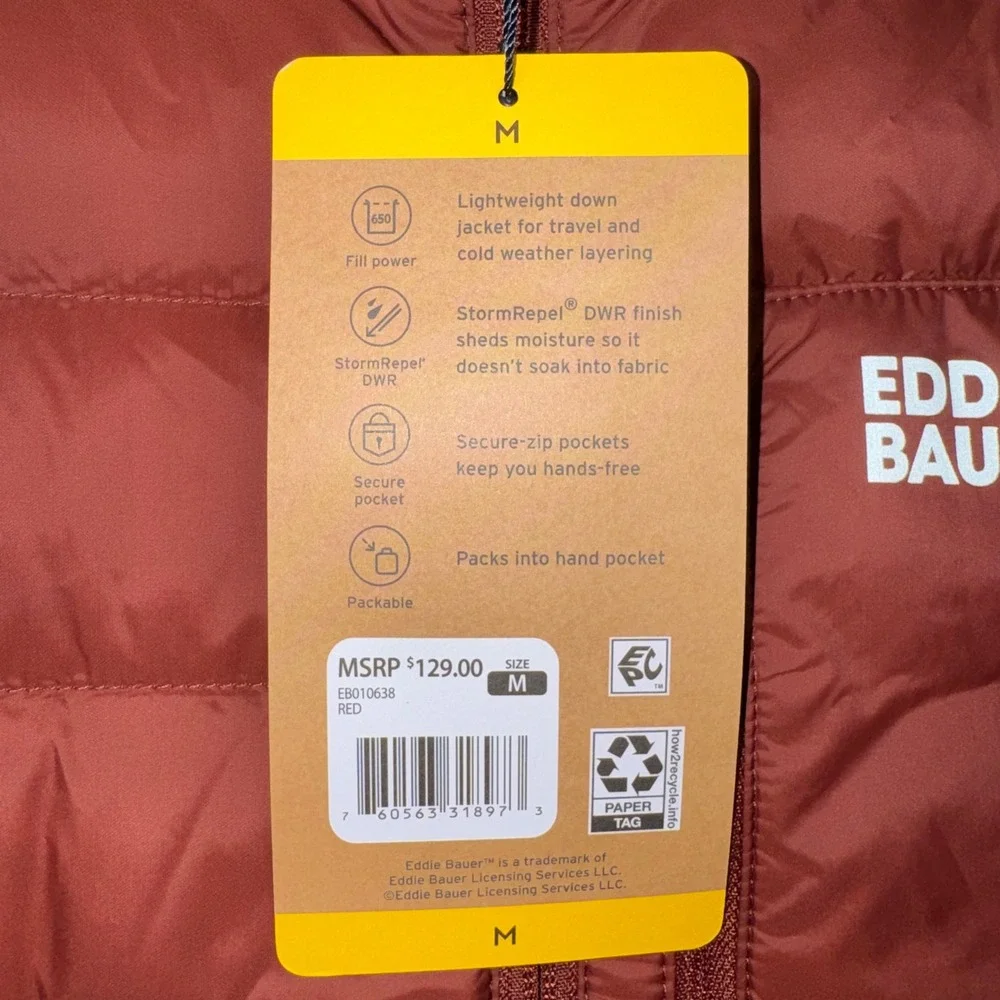 Eddie Bauer Packable Down Jacket Mens 650 Fill StormRepel Red Medium NEW